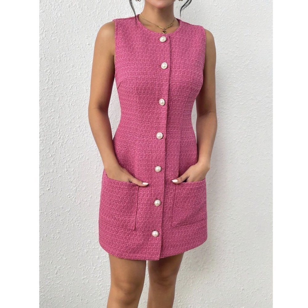 Classic Dual Pocket Button Front Tweed Dress - Pink - Picture 4 of 6